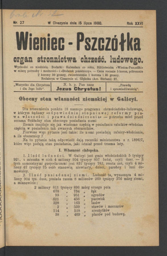 Wieniec-Pszcz&oacute;łka&nbsp;: organ Stronnictwa Chrześcijańsko-Ludowego. Rok&nbsp;26, 1900, numer&nbsp;27