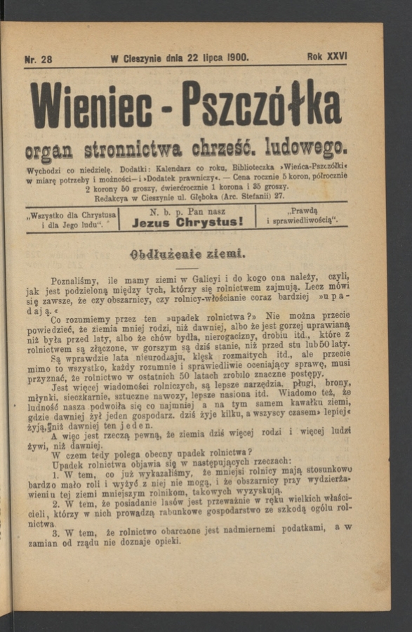 Wieniec-Pszcz&oacute;łka&nbsp;: organ Stronnictwa Chrześcijańsko-Ludowego. Rok&nbsp;26, 1900, numer&nbsp;28