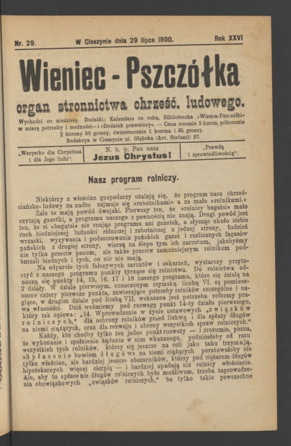 Wieniec-Pszcz&oacute;łka&nbsp;: organ Stronnictwa Chrześcijańsko-Ludowego. Rok&nbsp;26, 1900, numer&nbsp;29