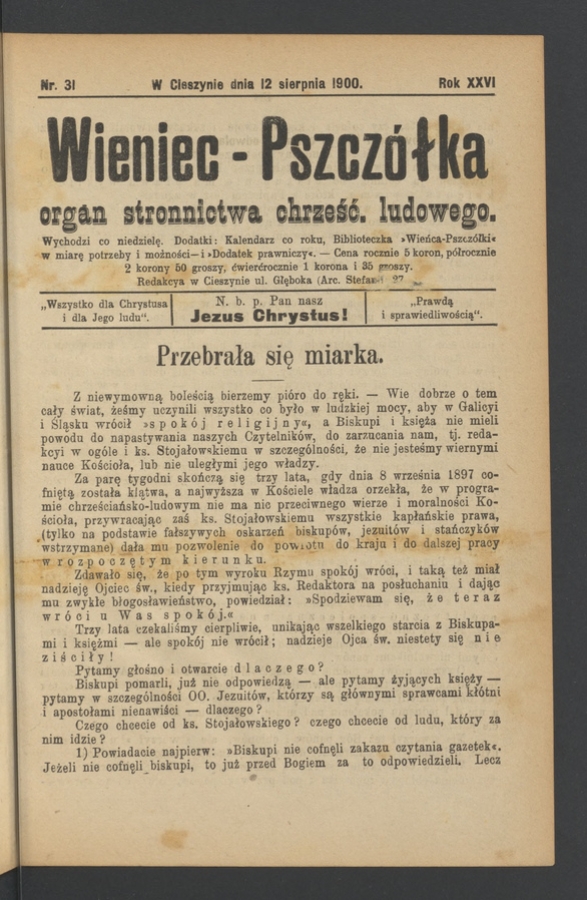 Wieniec-Pszcz&oacute;łka&nbsp;: organ Stronnictwa Chrześcijańsko-Ludowego. Rok&nbsp;26, 1900, numer&nbsp;31
