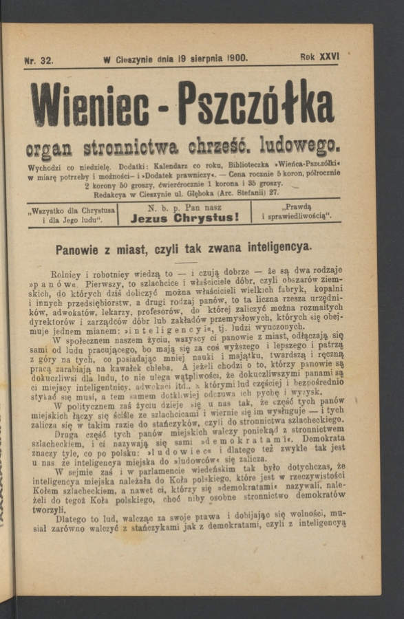 Wieniec-Pszcz&oacute;łka&nbsp;: organ Stronnictwa Chrześcijańsko-Ludowego. Rok&nbsp;26, 1900, numer&nbsp;32