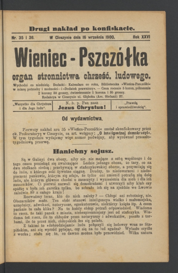 Wieniec-Pszcz&oacute;łka&nbsp;: organ Stronnictwa Chrześcijańsko-Ludowego. Rok&nbsp;26, 1900, numer&nbsp;35-36 (drugi nakład po&nbsp;konfiskacie)