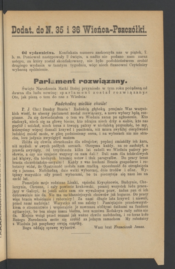 Dodatek do&nbsp;numeru&nbsp;35-36 &bdquo;Wieńca-Pszcz&oacute;łki&rdquo;. Rok&nbsp;26, 1900