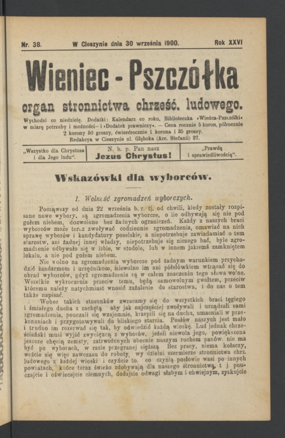 Wieniec-Pszcz&oacute;łka&nbsp;: organ Stronnictwa Chrześcijańsko-Ludowego. Rok&nbsp;26, 1900, numer&nbsp;38