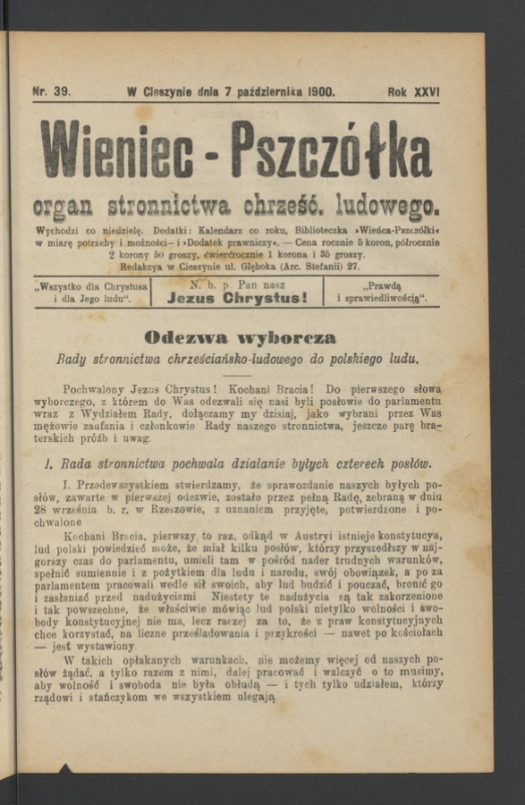 Wieniec-Pszcz&oacute;łka&nbsp;: organ Stronnictwa Chrześcijańsko-Ludowego. Rok&nbsp;26, 1900, numer&nbsp;39