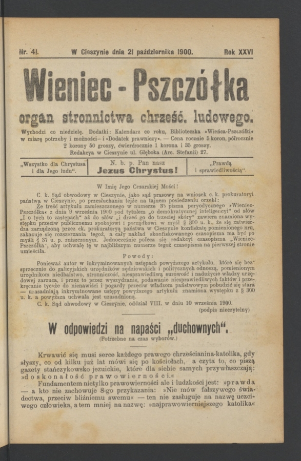 Wieniec-Pszcz&oacute;łka&nbsp;: organ Stronnictwa Chrześcijańsko-Ludowego. Rok&nbsp;26, 1900, numer&nbsp;41