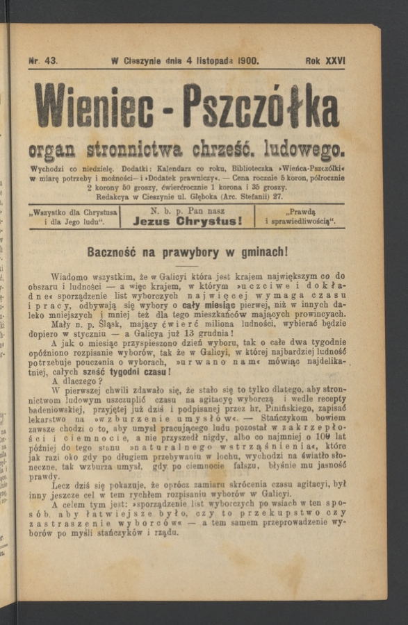 Wieniec-Pszcz&oacute;łka&nbsp;: organ Stronnictwa Chrześcijańsko-Ludowego. Rok&nbsp;26, 1900, numer&nbsp;43