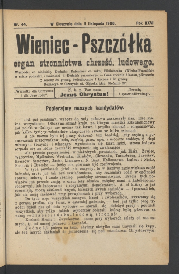Wieniec-Pszcz&oacute;łka&nbsp;: organ Stronnictwa Chrześcijańsko-Ludowego. Rok&nbsp;26, 1900, numer&nbsp;44