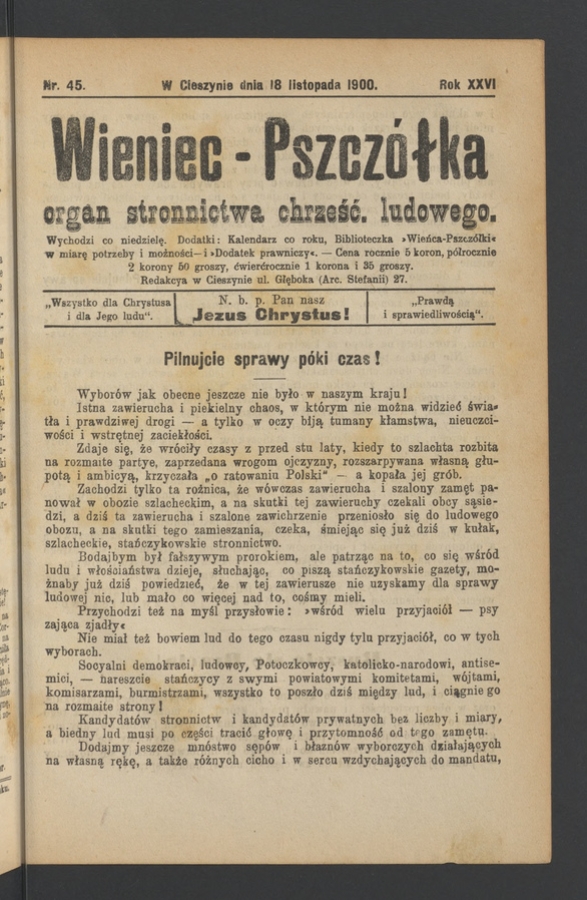 Wieniec-Pszcz&oacute;łka&nbsp;: organ Stronnictwa Chrześcijańsko-Ludowego. Rok&nbsp;26, 1900, numer&nbsp;45