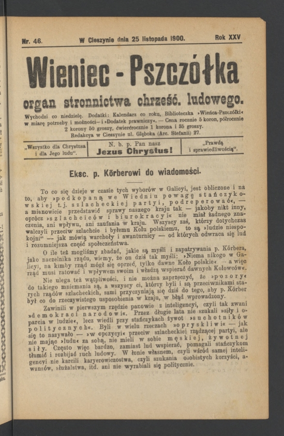 Wieniec-Pszcz&oacute;łka&nbsp;: organ Stronnictwa Chrześcijańsko-Ludowego. Rok&nbsp;26, 1900, numer&nbsp;46