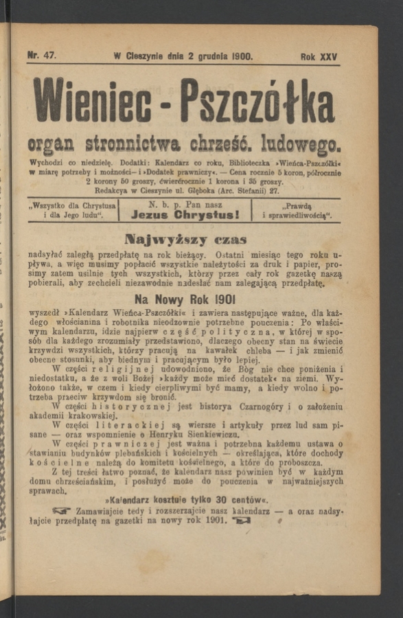 Wieniec-Pszcz&oacute;łka&nbsp;: organ Stronnictwa Chrześcijańsko-Ludowego. Rok&nbsp;26, 1900, numer&nbsp;47