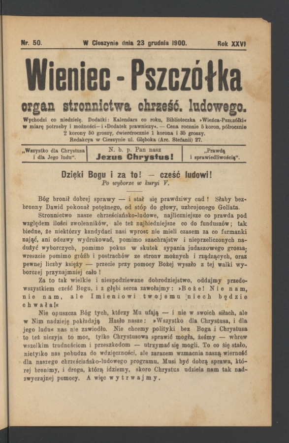Wieniec-Pszcz&oacute;łka&nbsp;: organ Stronnictwa Chrześcijańsko-Ludowego. Rok&nbsp;26, 1900, numer&nbsp;50