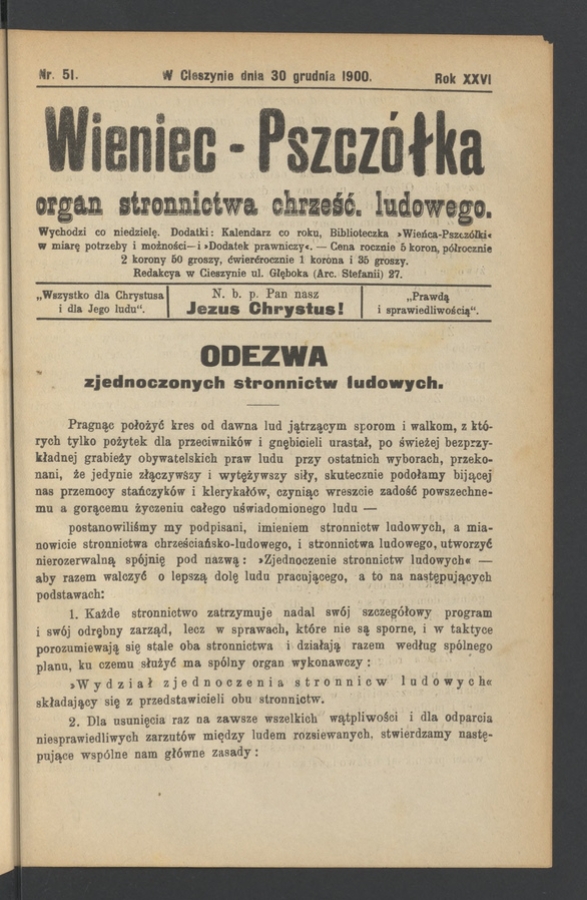 Wieniec-Pszcz&oacute;łka&nbsp;: organ Stronnictwa Chrześcijańsko-Ludowego. Rok&nbsp;26, 1900, numer&nbsp;51