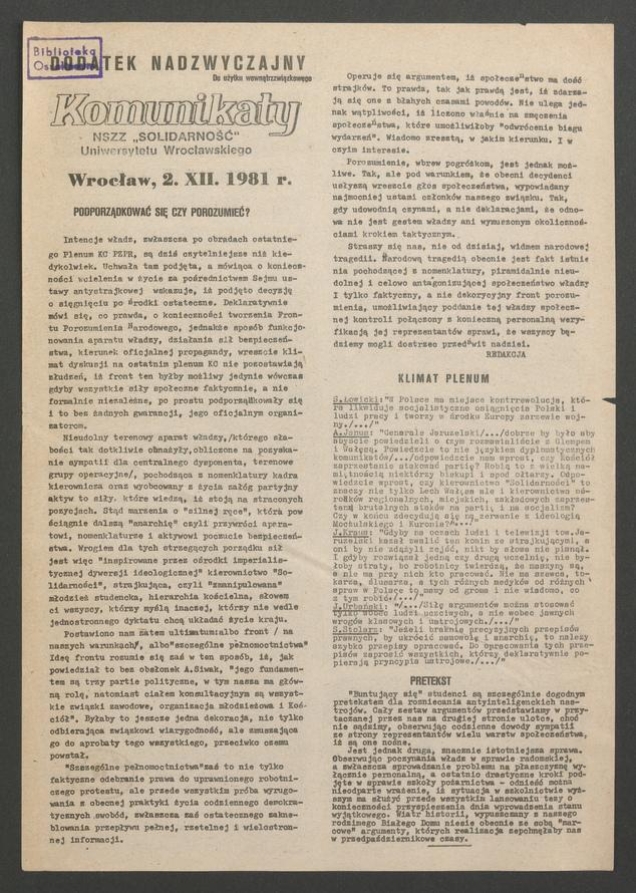 Komunikaty NSZZ &bdquo;Solidarność&rdquo; Uniwersytetu Wrocławskiego. 1981, dodatek nadzwyczajny