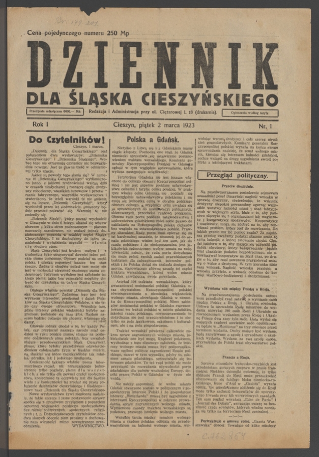 Dziennik dla&nbsp;Śląska Cieszyńskiego. Rok&nbsp;1, 1923, numer&nbsp;1