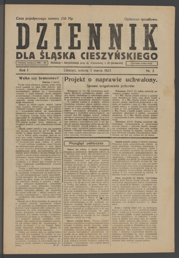 Dziennik dla&nbsp;Śląska Cieszyńskiego. Rok&nbsp;1, 1923, numer&nbsp;2
