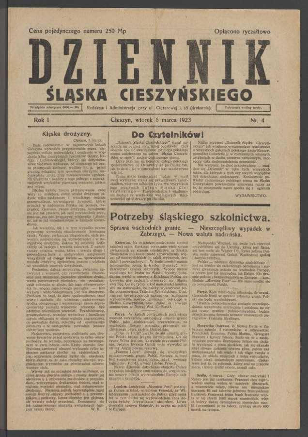 Dziennik Śląska Cieszyńskiego. Rok&nbsp;1, 1923, numer&nbsp;4