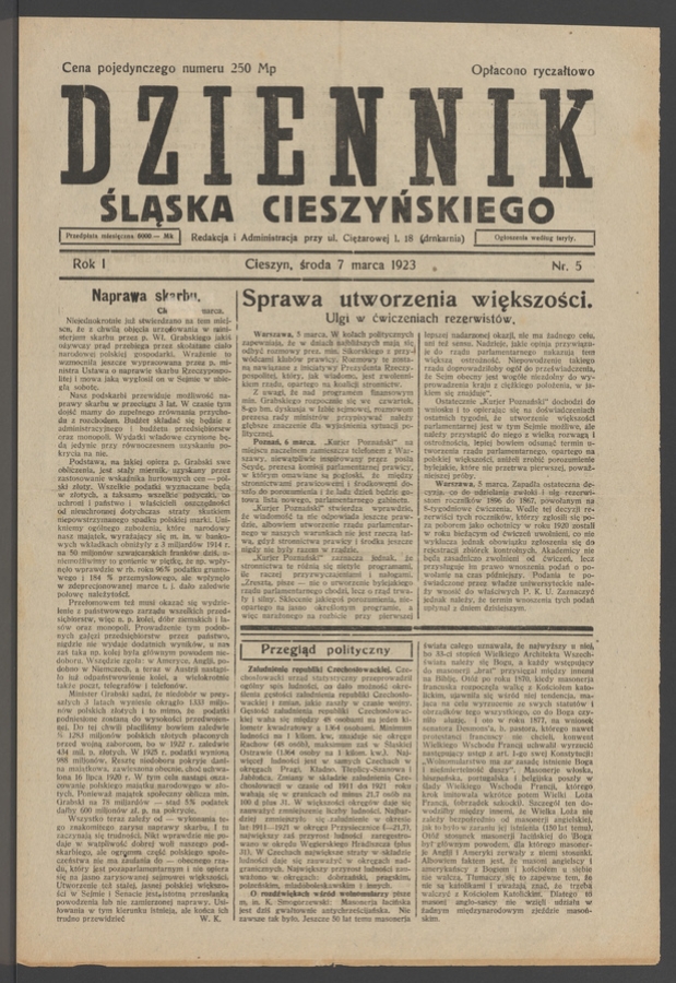 Dziennik Śląska Cieszyńskiego. Rok&nbsp;1, 1923, numer&nbsp;5