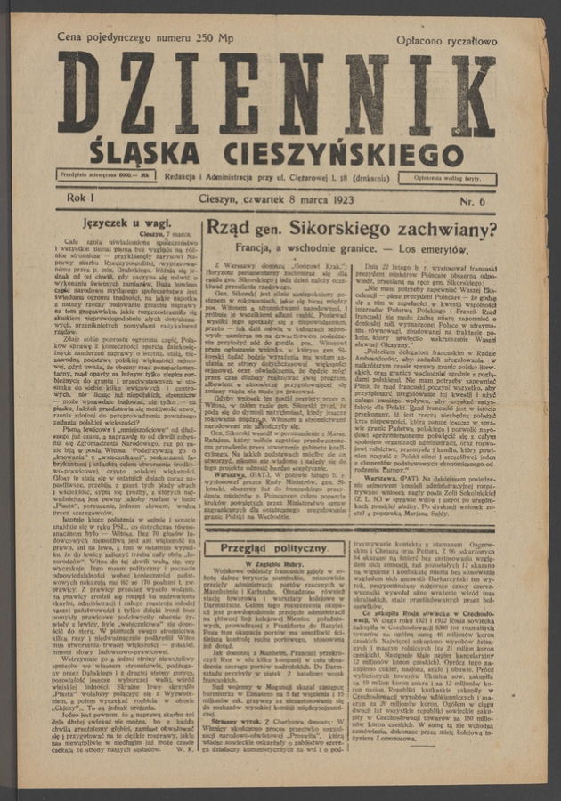 Dziennik Śląska Cieszyńskiego. Rok&nbsp;1, 1923, numer&nbsp;6
