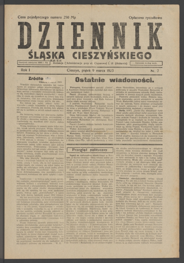 Dziennik Śląska Cieszyńskiego. Rok&nbsp;1, 1923, numer&nbsp;7