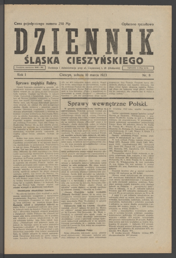 Dziennik Śląska Cieszyńskiego. Rok&nbsp;1, 1923, numer&nbsp;8