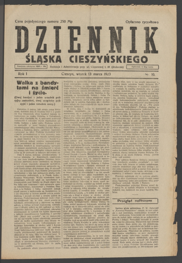 Dziennik Śląska Cieszyńskiego. Rok&nbsp;1, 1923, numer&nbsp;10