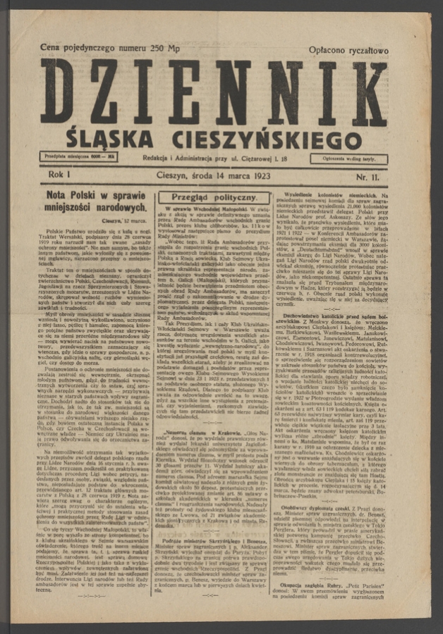 Dziennik Śląska Cieszyńskiego. Rok&nbsp;1, 1923, numer&nbsp;11