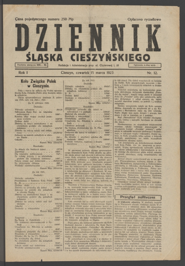 Dziennik Śląska Cieszyńskiego. Rok&nbsp;1, 1923, numer&nbsp;12