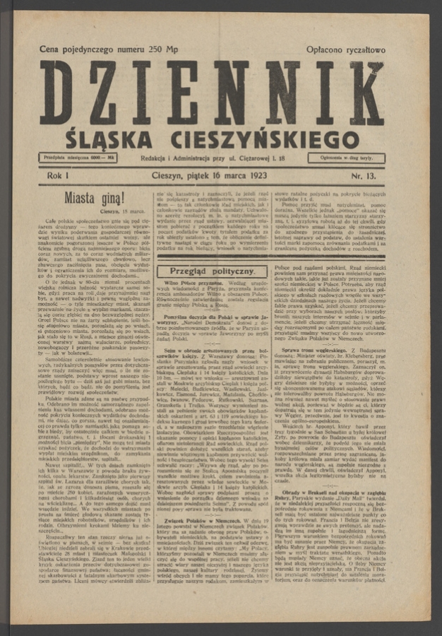 Dziennik Śląska Cieszyńskiego. Rok&nbsp;1, 1923, numer&nbsp;13