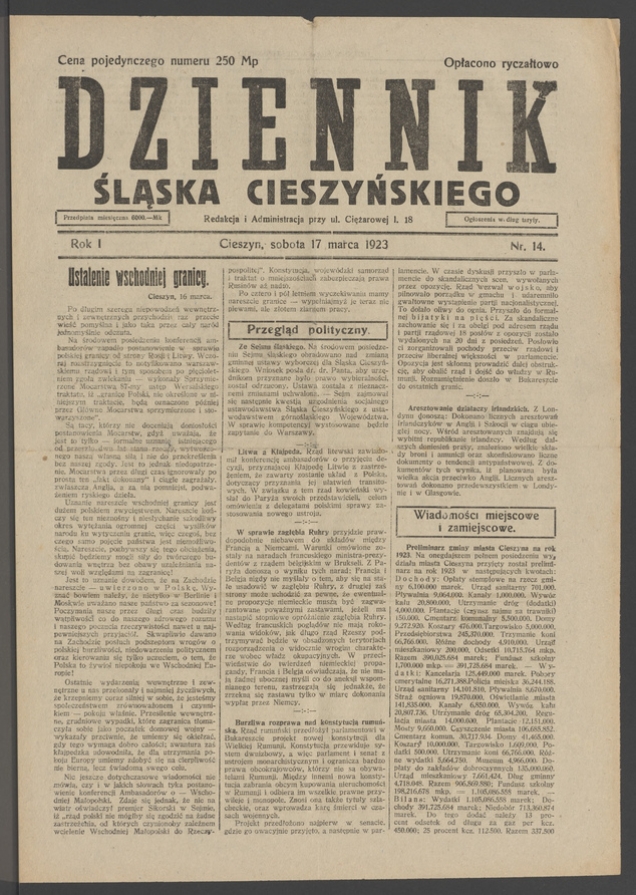 Dziennik Śląska Cieszyńskiego. Rok&nbsp;1, 1923, numer&nbsp;14