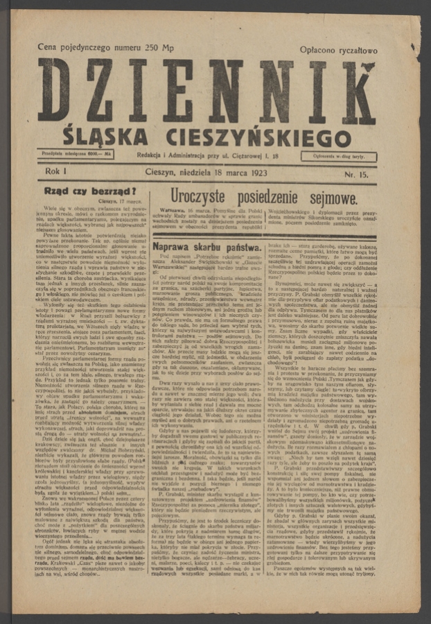 Dziennik Śląska Cieszyńskiego. Rok&nbsp;1, 1923, numer&nbsp;15