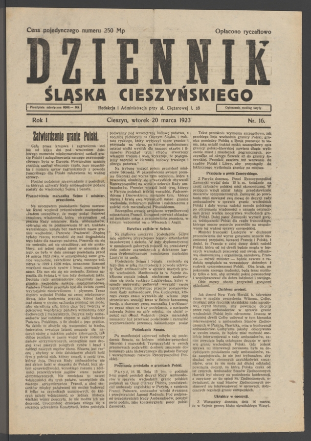 Dziennik Śląska Cieszyńskiego. Rok&nbsp;1, 1923, numer&nbsp;16