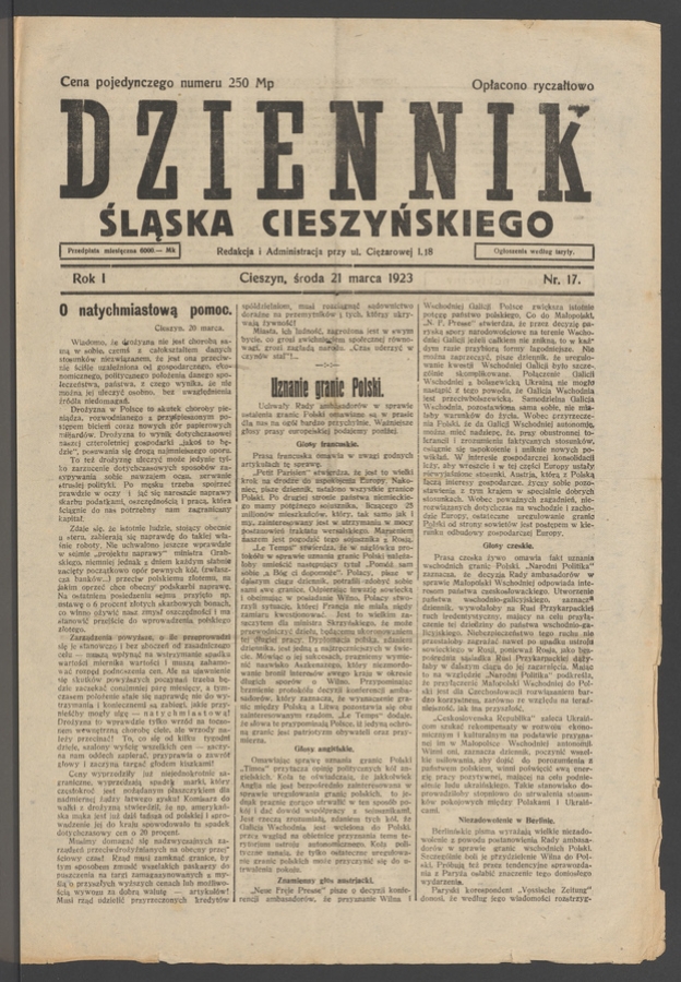 Dziennik Śląska Cieszyńskiego. Rok&nbsp;1, 1923, numer&nbsp;17
