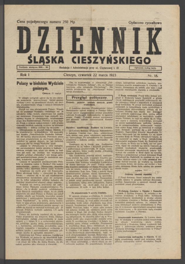 Dziennik Śląska Cieszyńskiego. Rok&nbsp;1, 1923, numer&nbsp;18