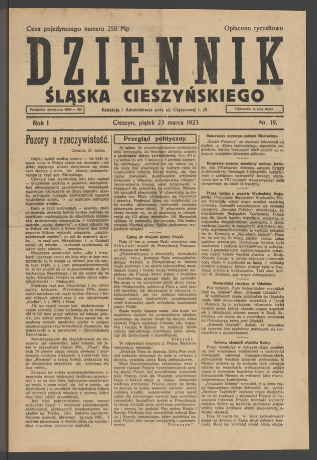 Dziennik Śląska Cieszyńskiego. Rok&nbsp;1, 1923, numer&nbsp;19