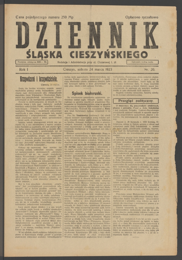 Dziennik Śląska Cieszyńskiego. Rok&nbsp;1, 1923, numer&nbsp;20