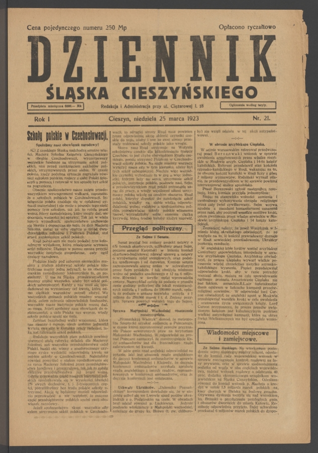 Dziennik Śląska Cieszyńskiego. Rok&nbsp;1, 1923, numer&nbsp;21