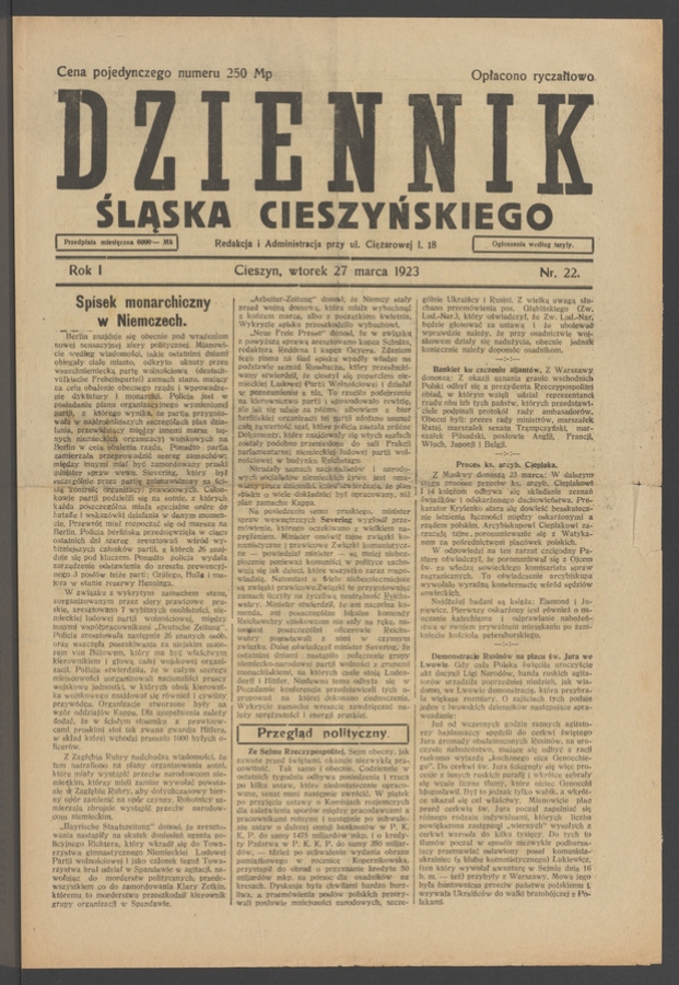 Dziennik Śląska Cieszyńskiego. Rok&nbsp;1, 1923, numer&nbsp;22