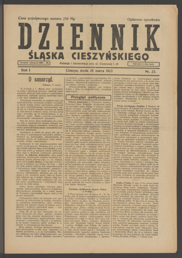 Dziennik Śląska Cieszyńskiego. Rok&nbsp;1, 1923, numer&nbsp;23