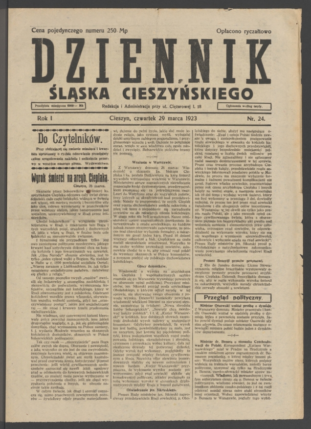Dziennik Śląska Cieszyńskiego. Rok&nbsp;1, 1923, numer&nbsp;24