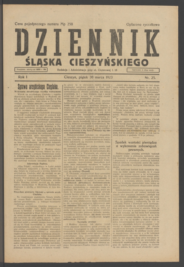 Dziennik Śląska Cieszyńskiego. Rok&nbsp;1, 1923, numer&nbsp;25