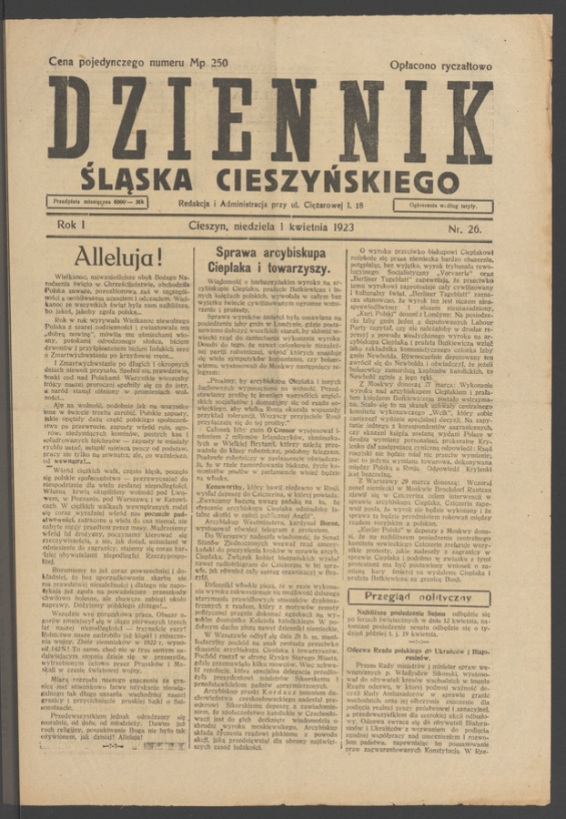 Dziennik Śląska Cieszyńskiego. Rok&nbsp;1, 1923, numer&nbsp;26