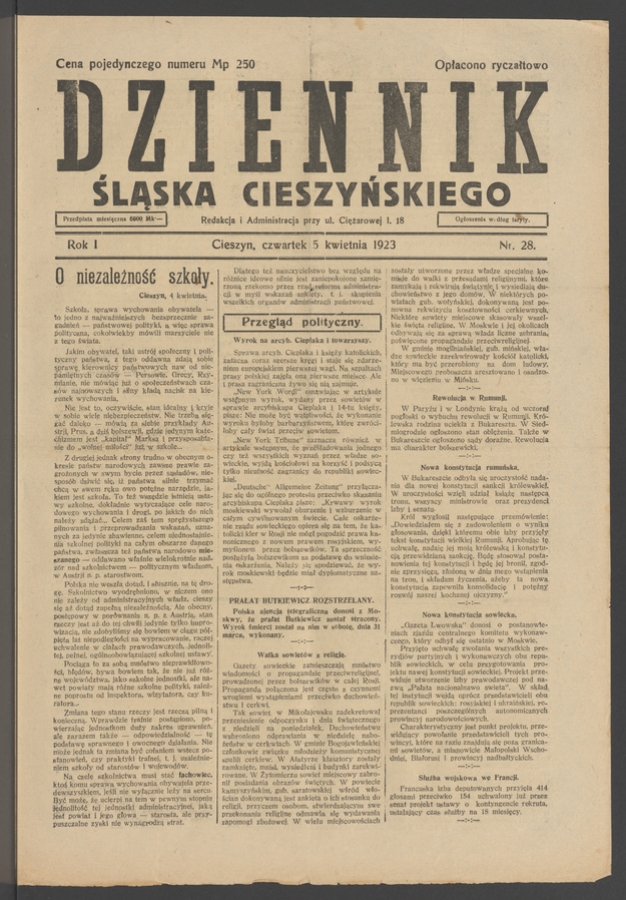 Dziennik Śląska Cieszyńskiego. Rok&nbsp;1, 1923, numer&nbsp;28