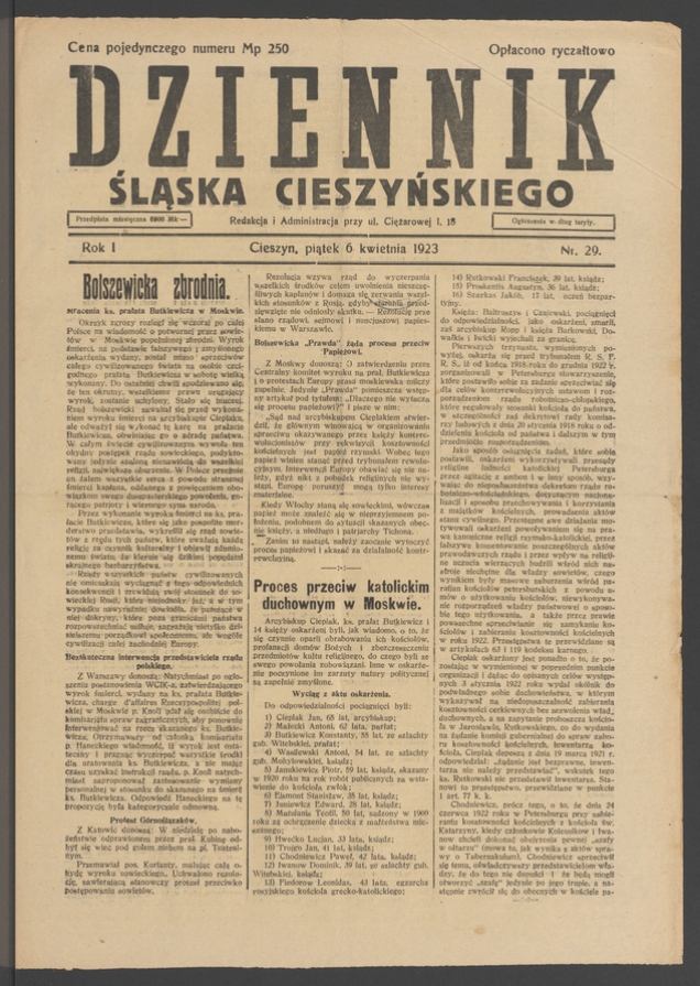 Dziennik Śląska Cieszyńskiego. Rok&nbsp;1, 1923, numer&nbsp;29