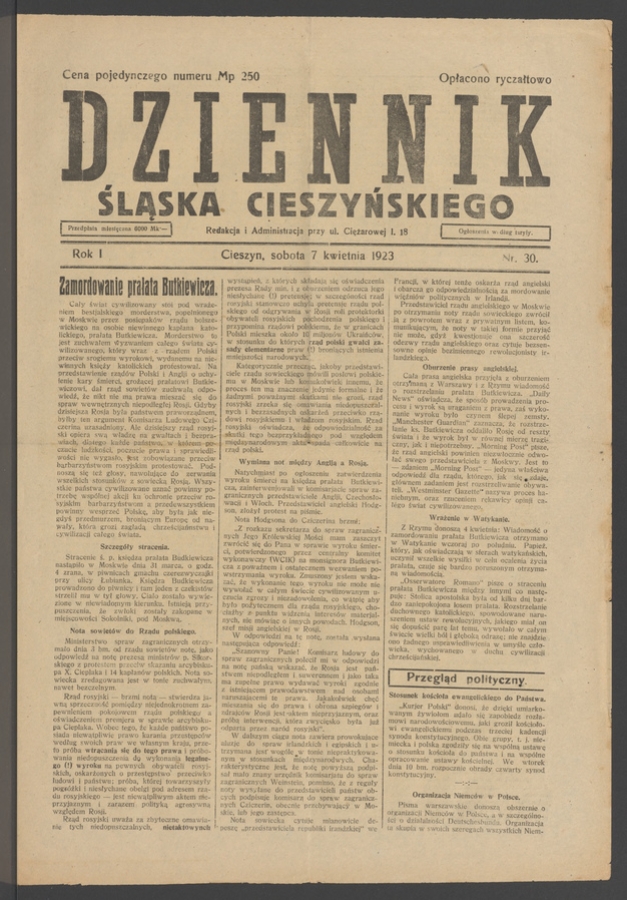 Dziennik Śląska Cieszyńskiego. Rok&nbsp;1, 1923, numer&nbsp;30