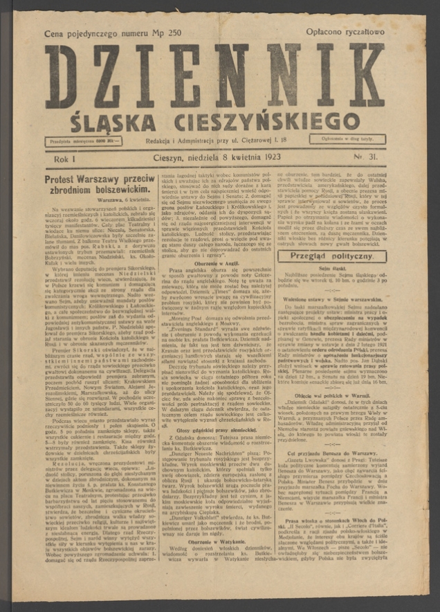 Dziennik Śląska Cieszyńskiego. Rok&nbsp;1, 1923, numer&nbsp;31