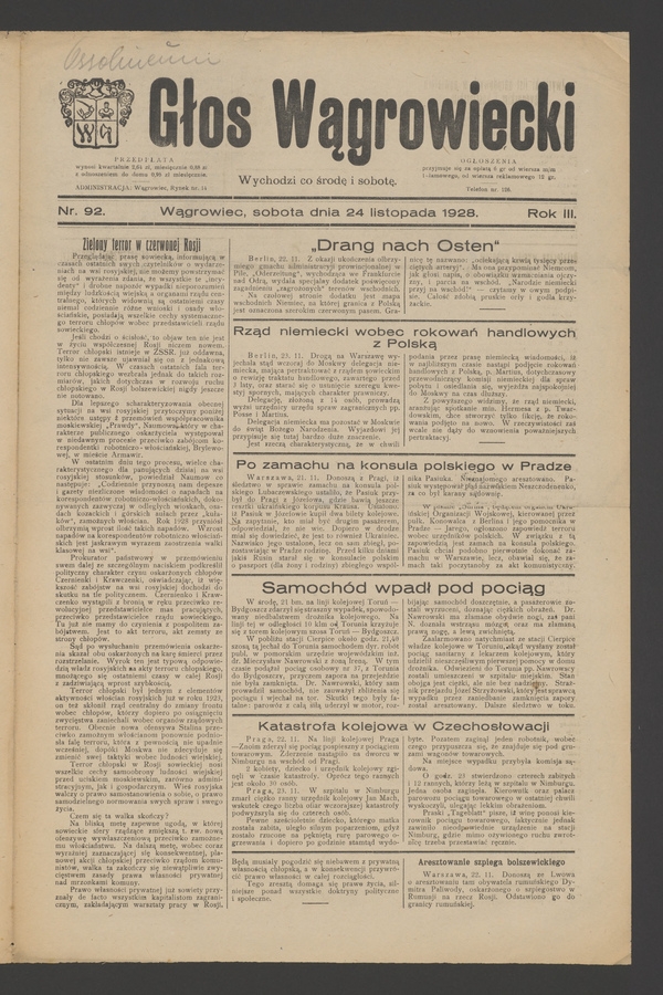 Głos Wągrowiecki. Rok&nbsp;3, 1928, numer&nbsp;92