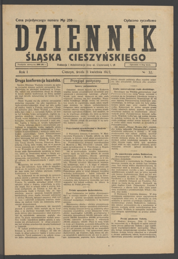 Dziennik Śląska Cieszyńskiego. Rok&nbsp;1, 1923, numer&nbsp;32