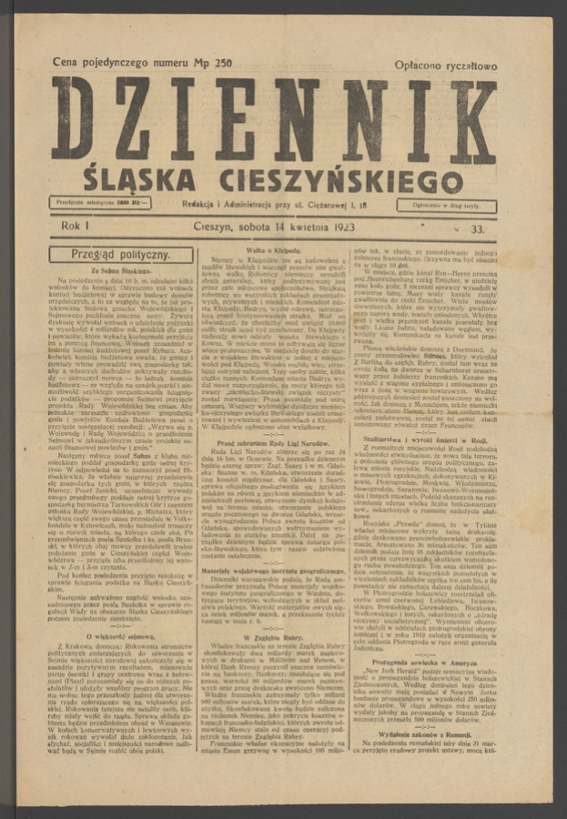 Dziennik Śląska Cieszyńskiego. Rok&nbsp;1, 1923, numer&nbsp;33
