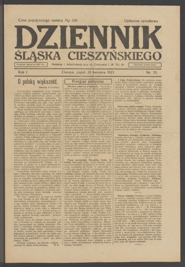 Dziennik Śląska Cieszyńskiego. Rok&nbsp;1, 1923, numer&nbsp;35